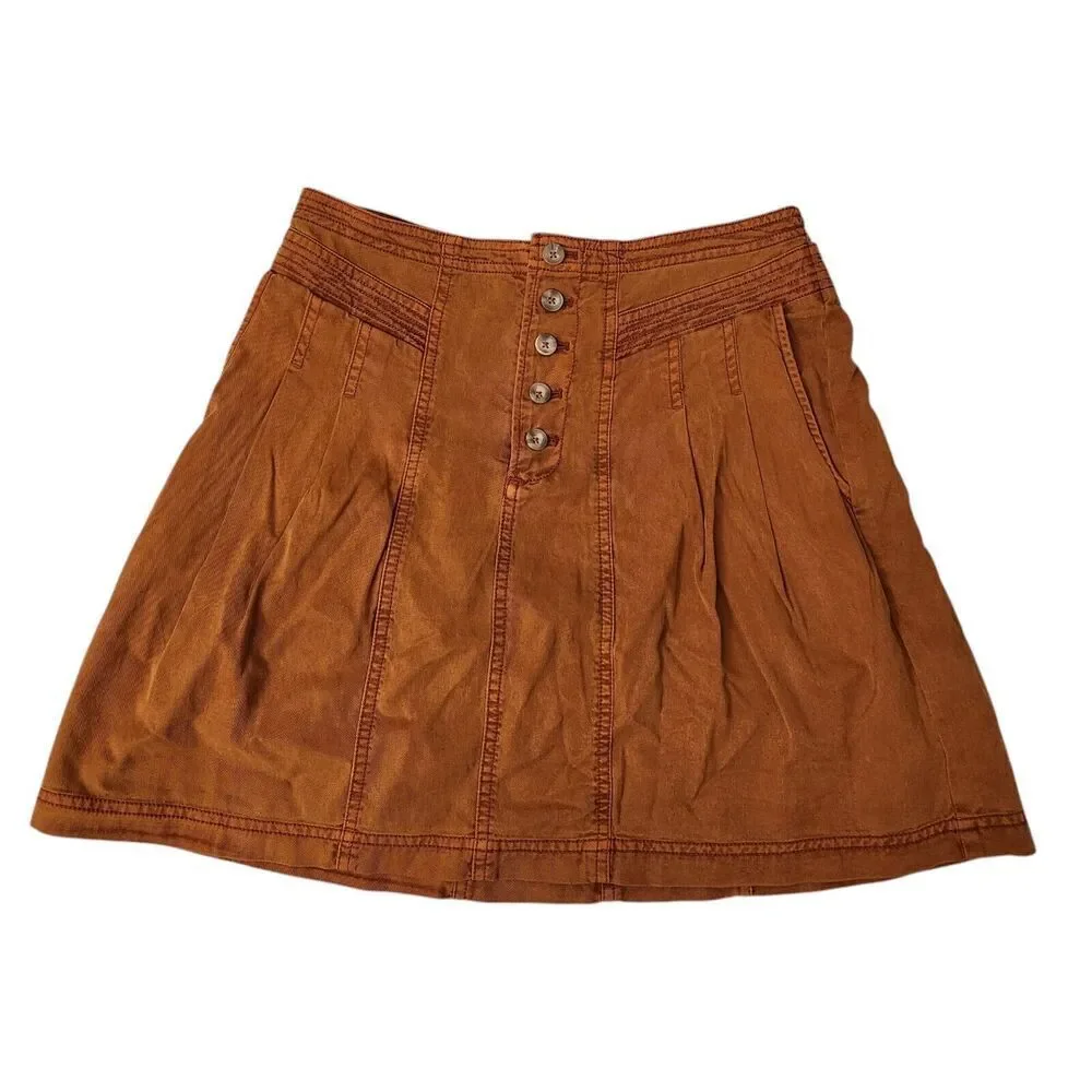 Anthropologie Briony Mini Skirt 4 Burnt Orange Button Fly Pockets Boho